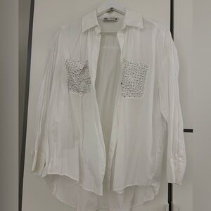 Zara White Button-Up Shirt with Studded Pocket Detail